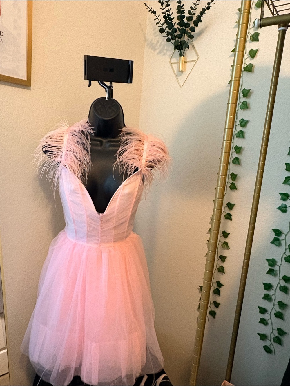 Fashion Nova Blush Pink Feather-Trim Tulle Dress